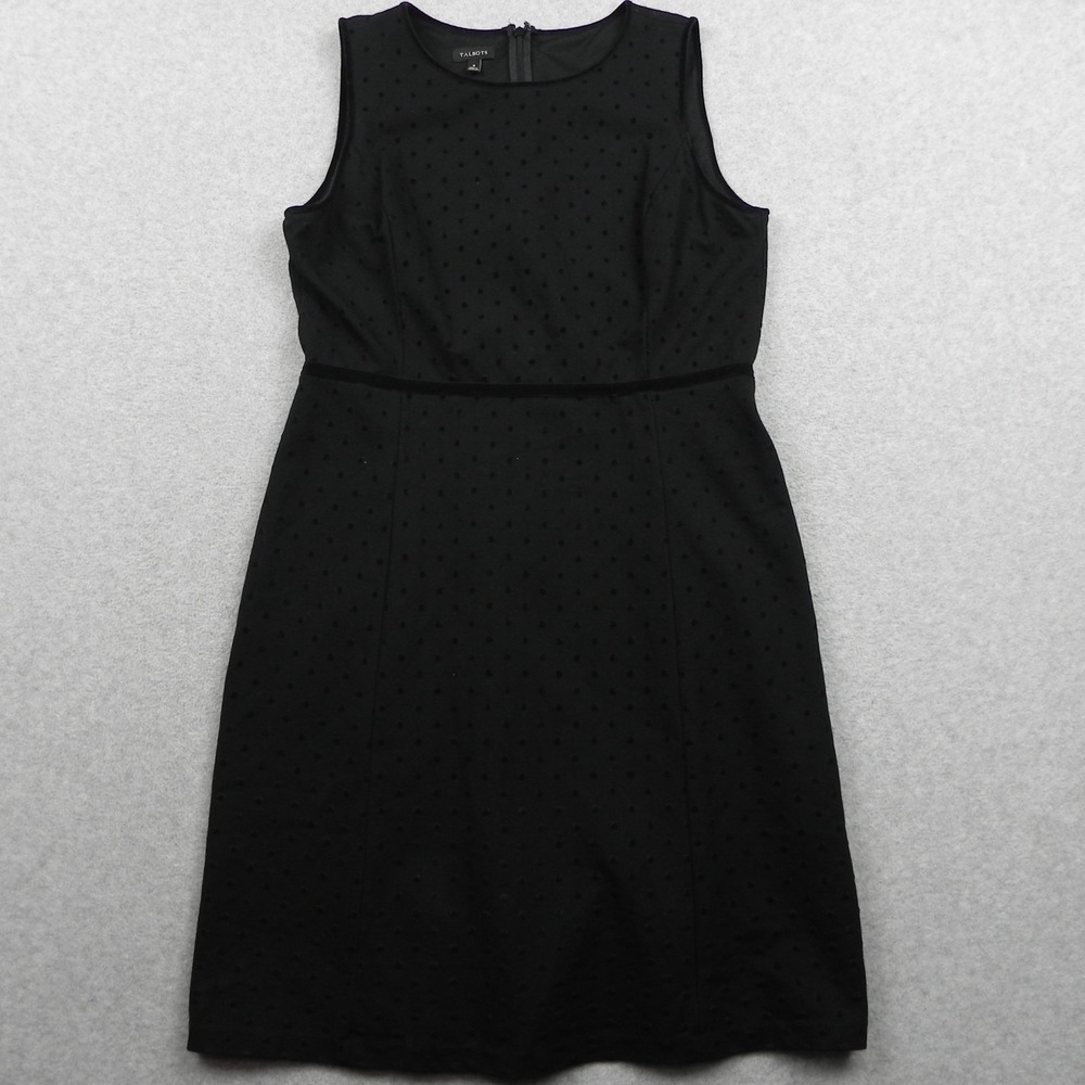 Talbots Dress Womens 8 Textured Polka Dot Sheath Velvet Trim Black Sleeveless